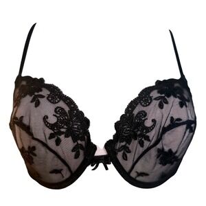 Ralph Lauren 36B Unlined Lace Bra Black Floral Embroidered Sheer Mesh Underwire